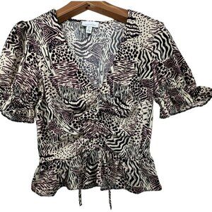 Topshop Womens Blouse Sz 4 Margot Animal Print Ruched Artsy Modern MobWife Chic